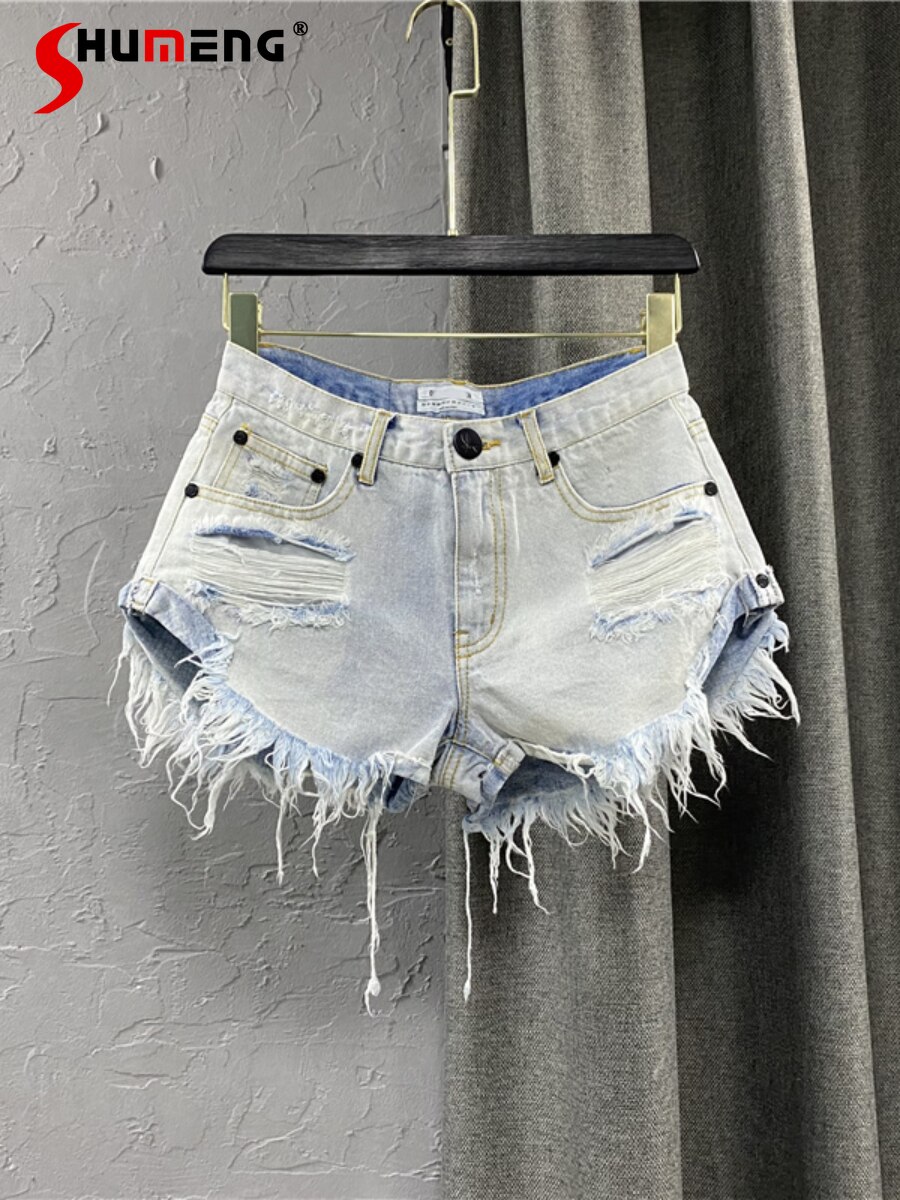 Women&s Sexy Low Waist Denim Shorts Summer 2022 New Korean Woman Streetwear Short Jeans Frayed Edge A- Line Wide-Leg Hot Pants